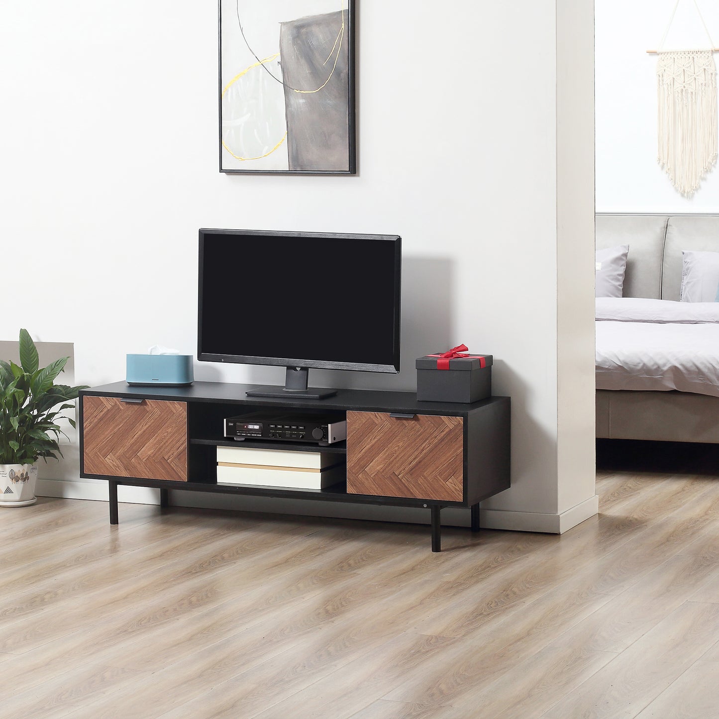 Modern TV Stand with Storage for TVs up to 50", Media Console with 2 Cupboards and Open Shelves, TV Unit for Bedroom, Living Room, Black