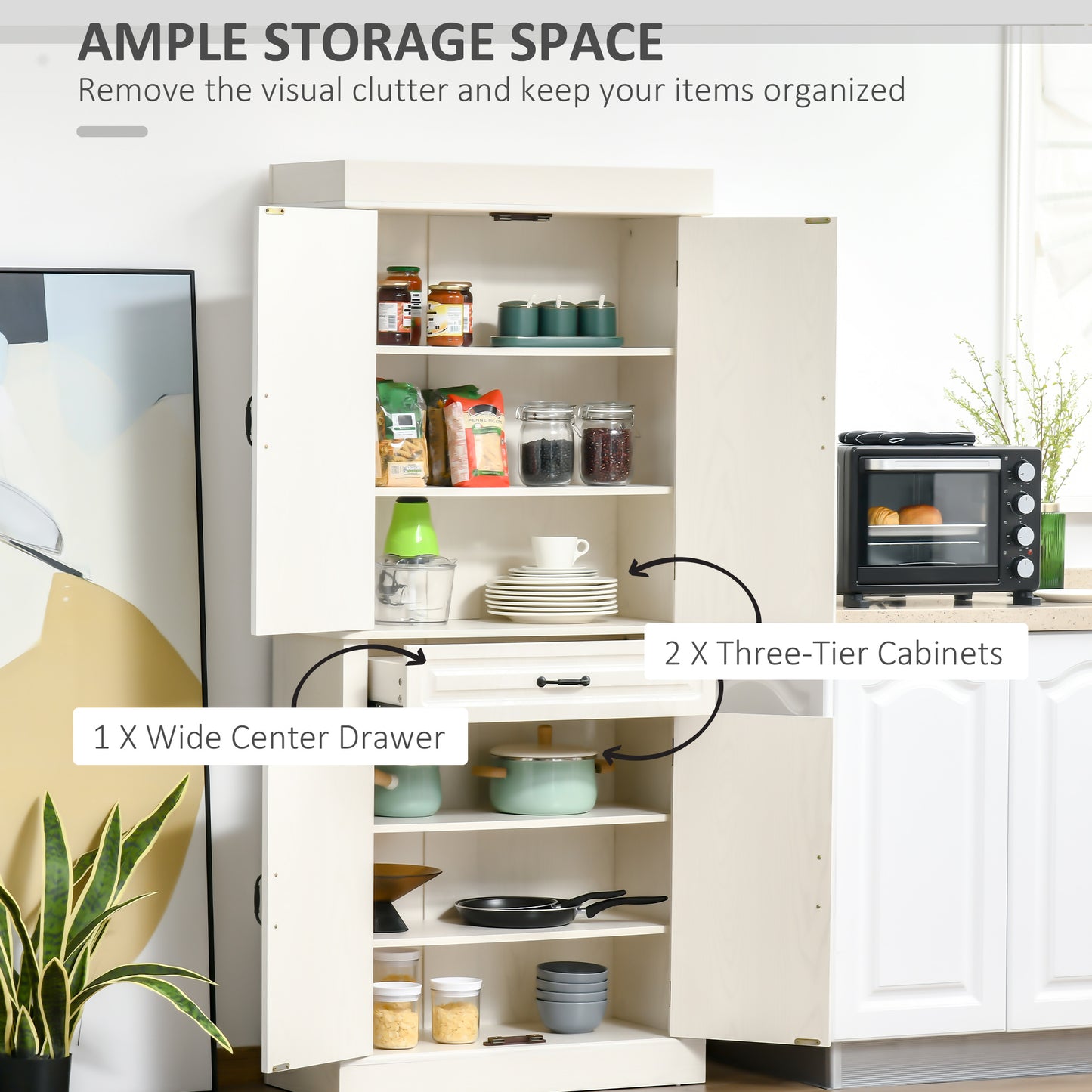 71" Freestanding Kitchen Pantry with 4 Doors, and 2 Large Cabinets, Tall Storage Cabinet with Wide Drawer for Kitchen Dining Room, White Wood Grain