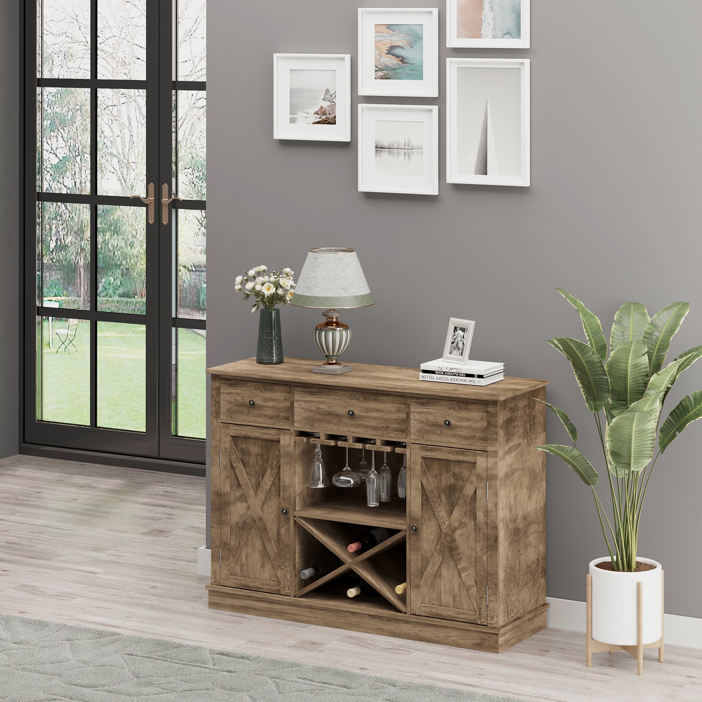 Farmhouse Sideboard Buffet Table Storage Cabinet with 3 Drawers, X-Shaped Wine Rack, Steamware Holder and Cabinets