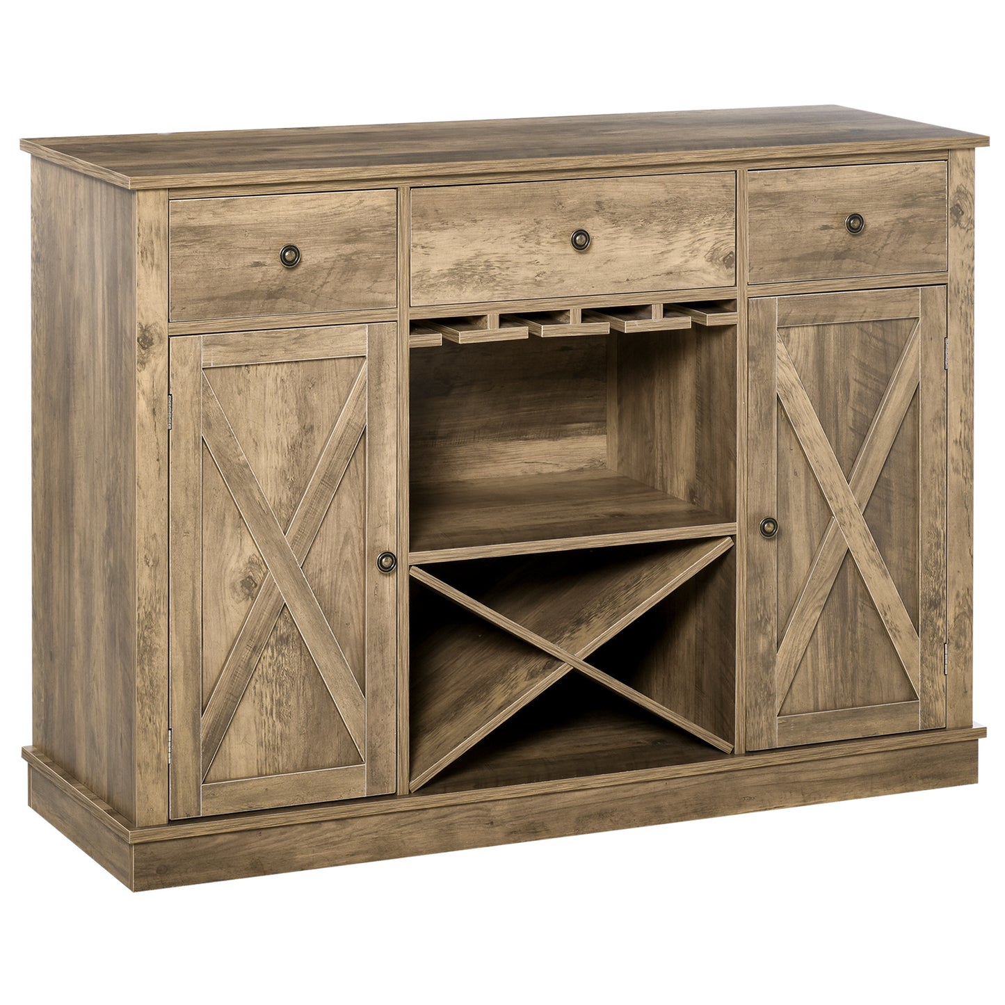 Farmhouse Sideboard Buffet Table Storage Cabinet with 3 Drawers, X-Shaped Wine Rack, Steamware Holder and Cabinets