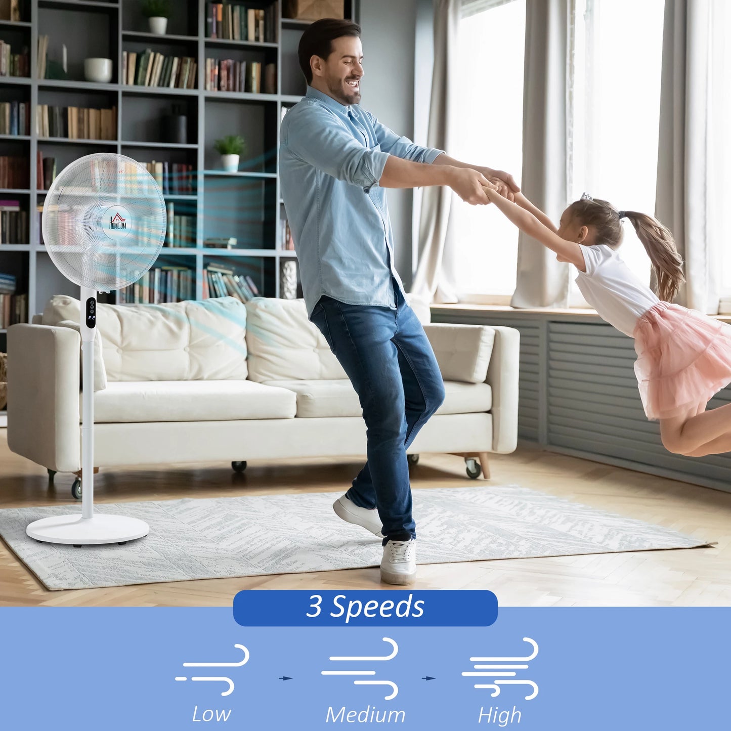 Floor Standing Fan with Remote Control, Oscillating, LED Screen, Stand Up Cooling Fan, Tall Pedestal Electric Fan for Home Bedroom, White