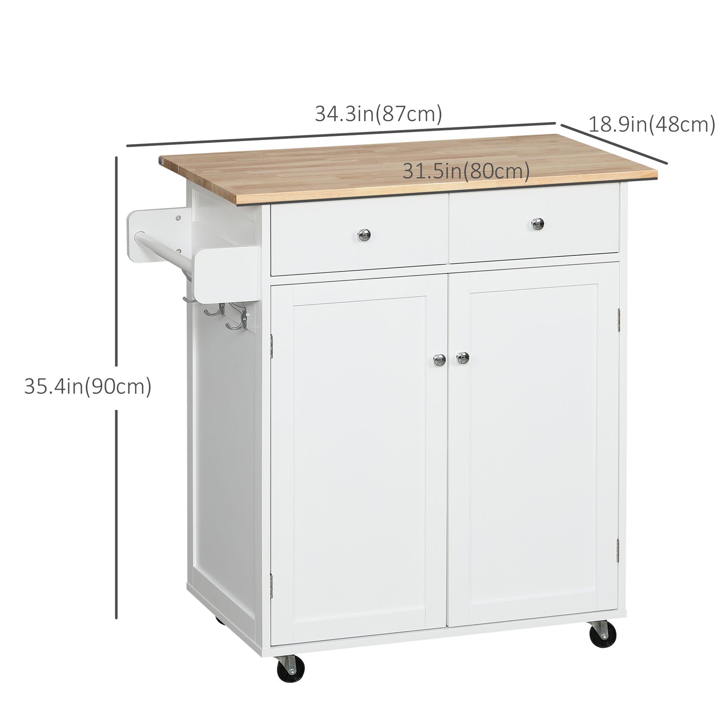 Rolling Kitchen Island on Wheels, Utility Serving Cart with Rubber Wood Top, Towel Rack, Hooks and Storage Drawers, White