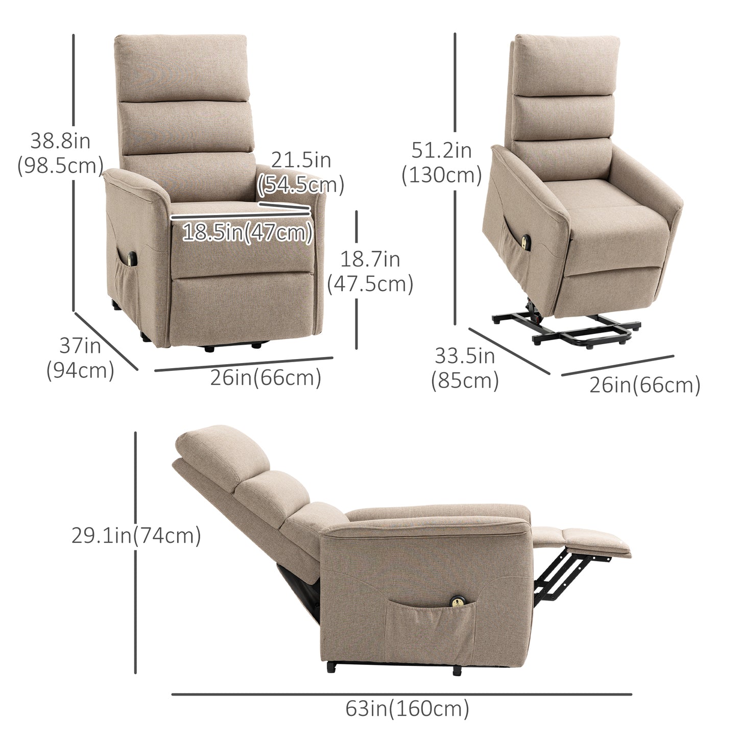 Power Lift Chair Recliner for Elderly, Padded Reclining Chair with Remote Control, Side Pockets for Living Room, Brown