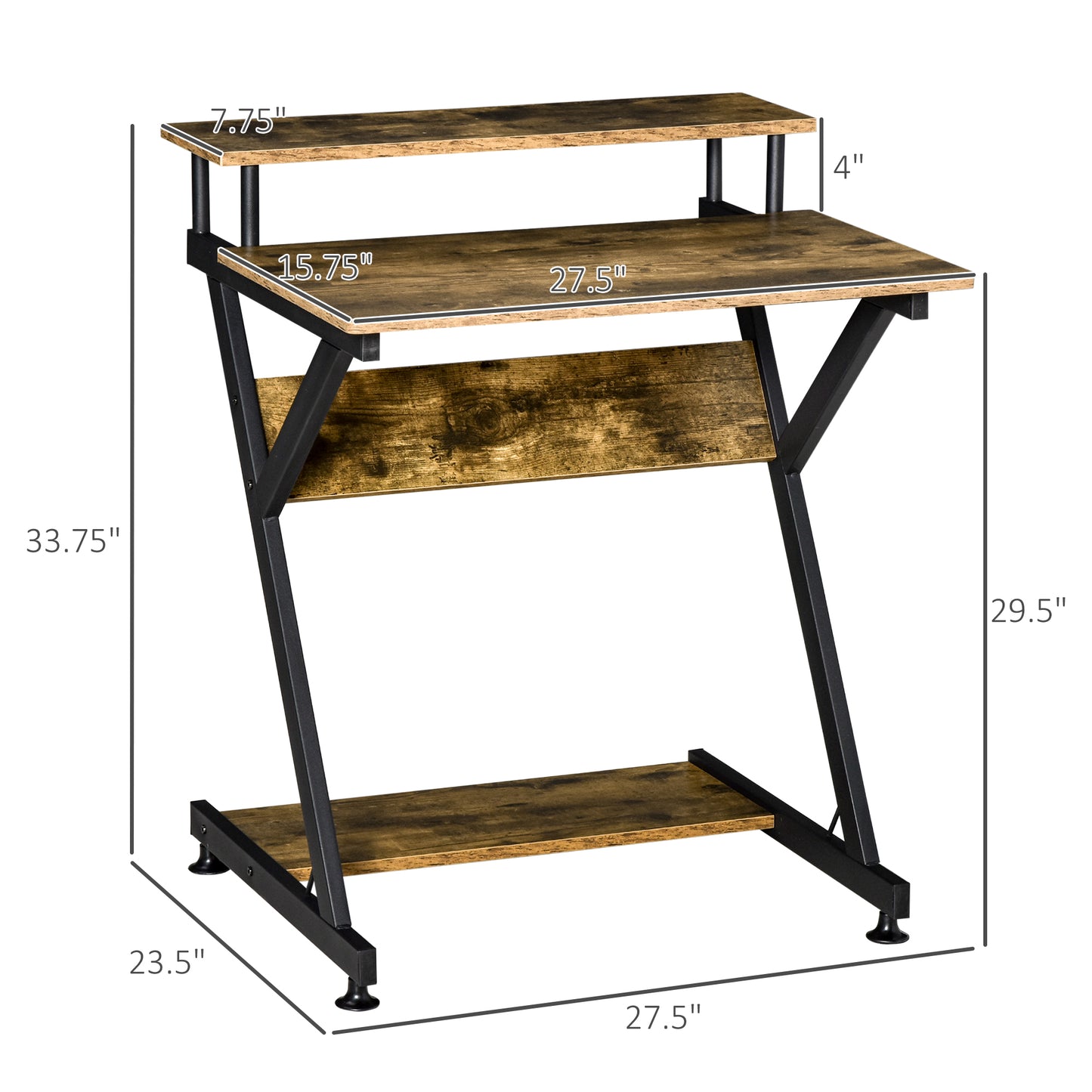 28" Compact Computer Desk, Industrial Z-Shaped Writing Desk with Monitor Shelf and Storage, Workstation for Home Office