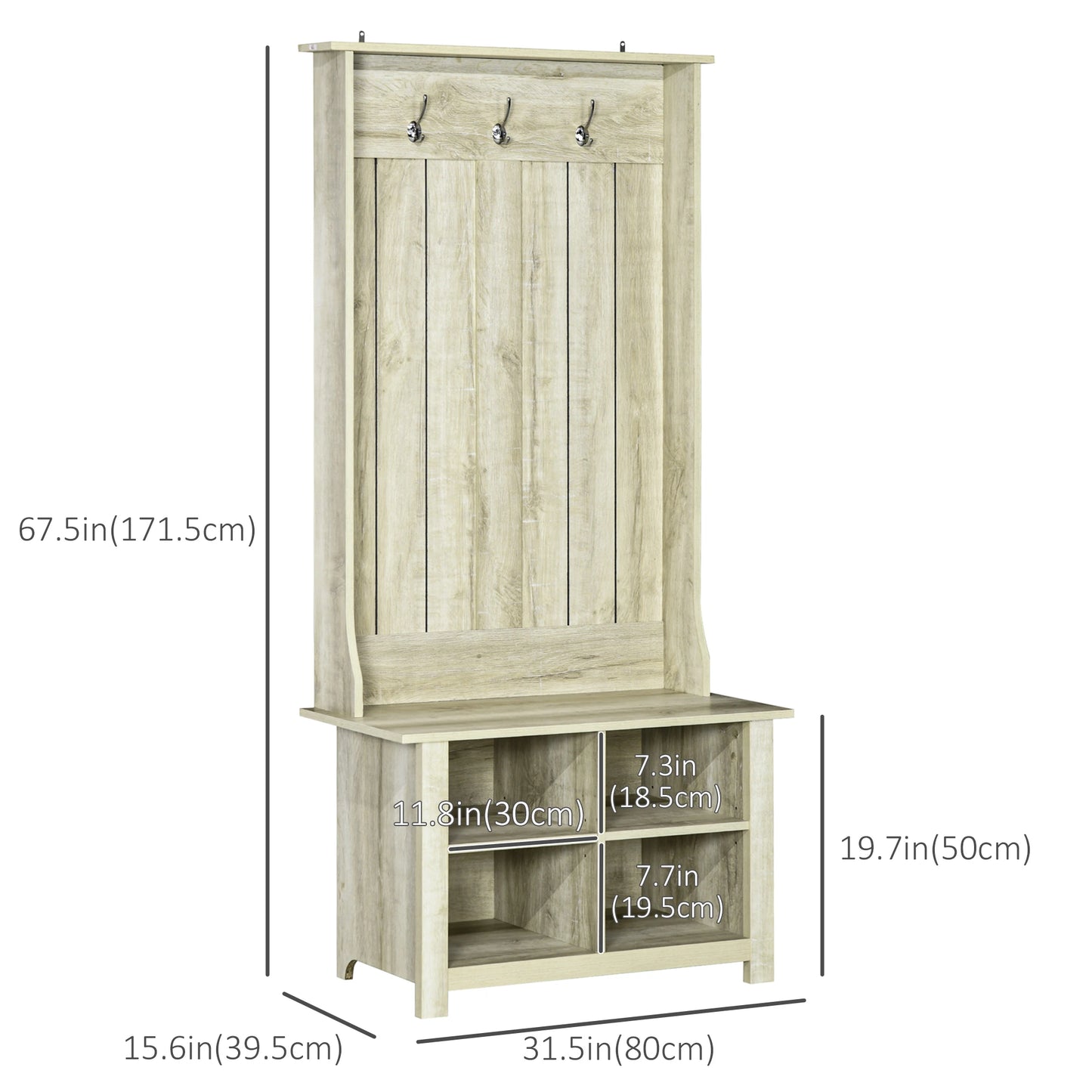 Classic Hall Tree, Accent Coat Tree with Shoe Storage Bench, Adjustable Shelves, 31.5" x 15.5" x 67.5", White