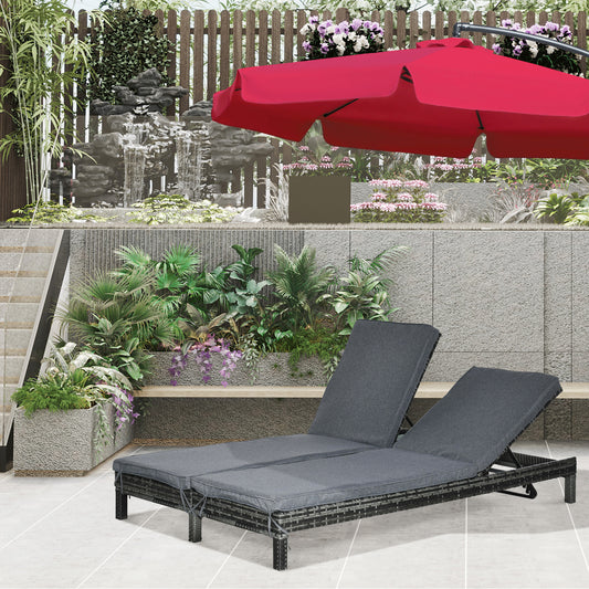 Outsunny Wicker Double Chaise Lounger Chair Outdoor Recliner 2 Person Rattan Patio Reclining Sunbed Furniture Cushioned w/Adjustable Backrest, Black & Grey