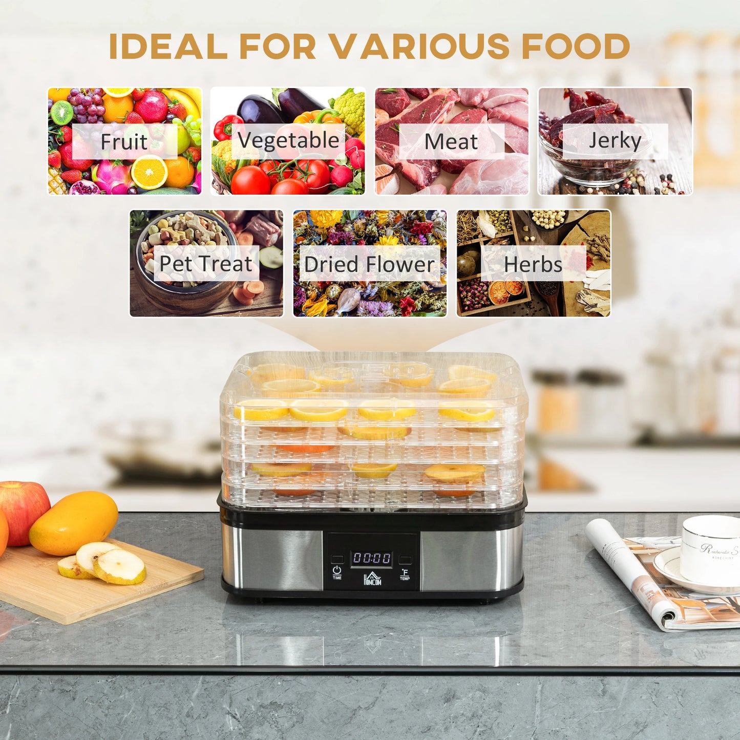 Food Dehydrator Machine with Adjustable Timer, Temperature Control, Digital Display, Food Dryer Machine for Snack, Fruit, Jerky, Meat, Herbs, Dog Treats, 245W, BPA Free