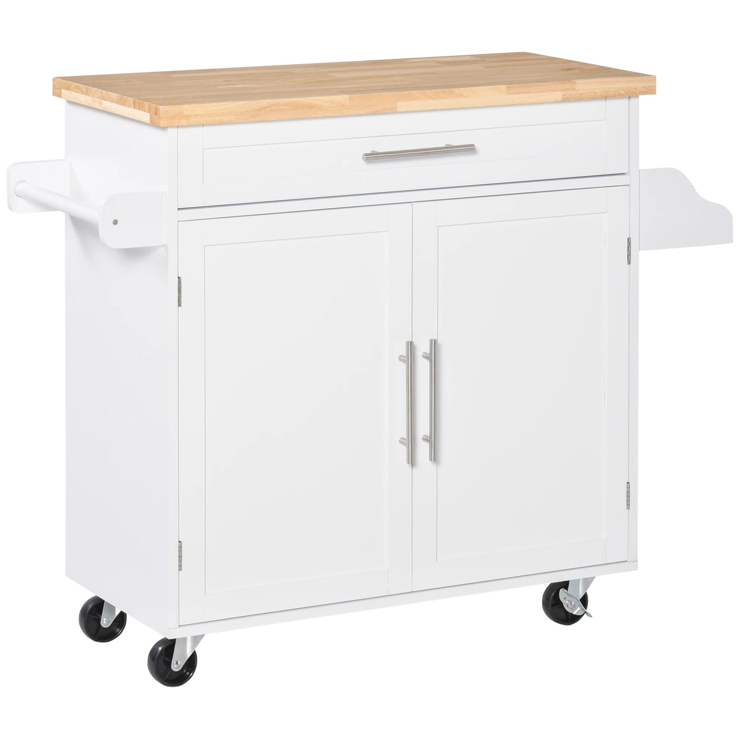 Kitchen Island with Storage, Rolling Cart Trolley with Rubberwood Top, Drawer, Spice Rack, Towel Rack, White