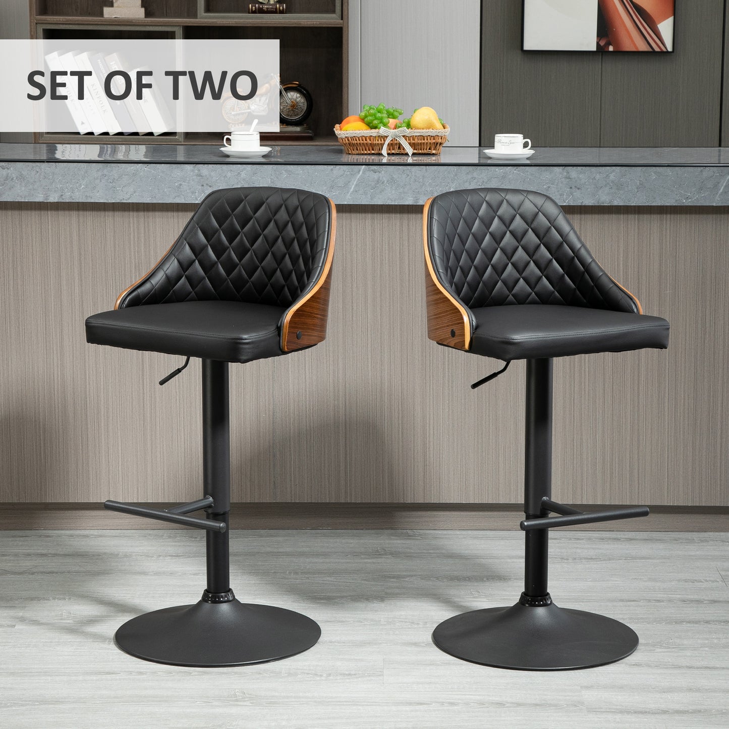 Modern Bar Stools PU Leather Set of 2 Swivel Bar Height Barstools Chairs with Adjustable Height, Round Heavy Metal Base and Footrest, Black