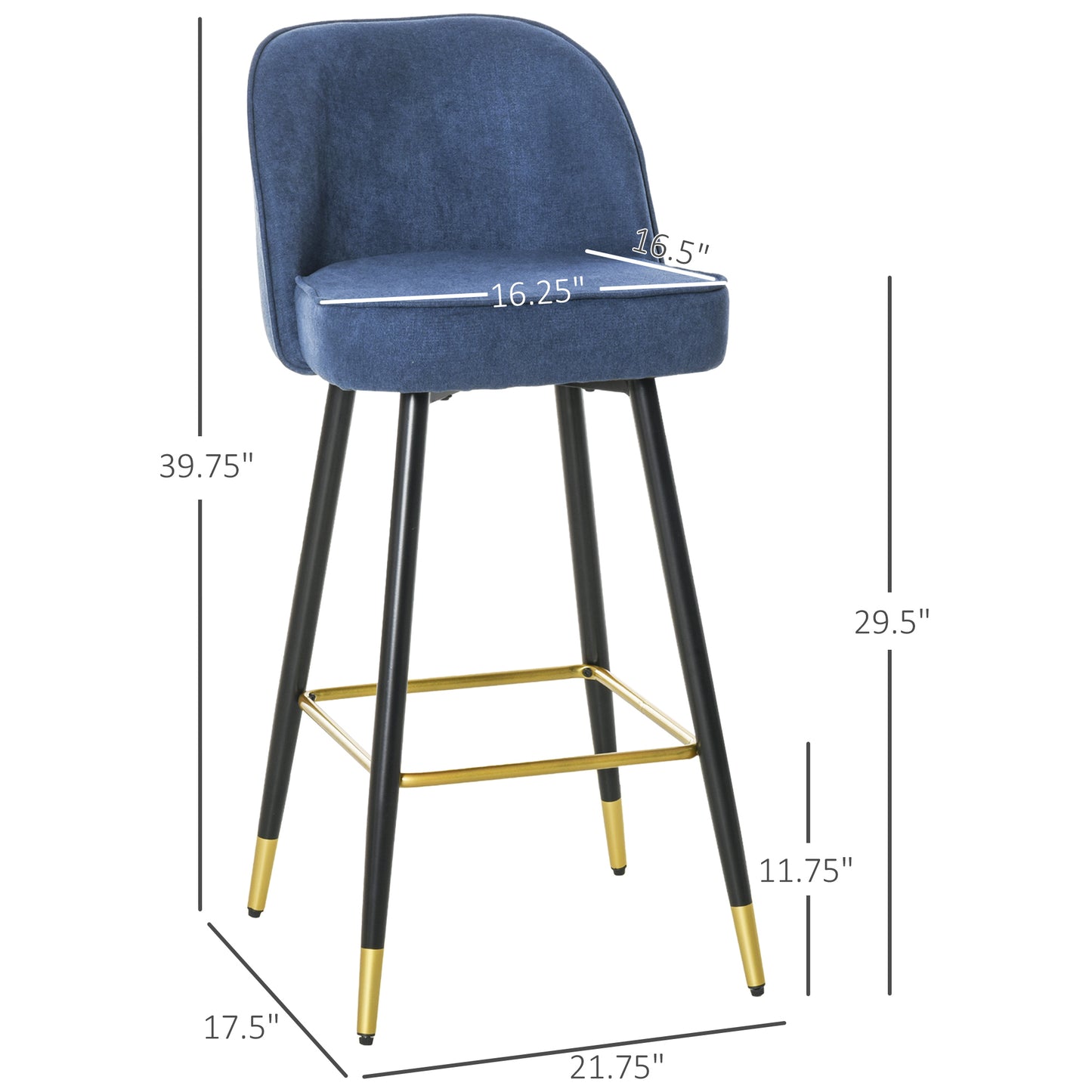 Set of 2 Mid-Back Upholstered Barstools Fabric Bar Chairs with Gold-Capped Steel Legs, Backrest and Footrest, Blue