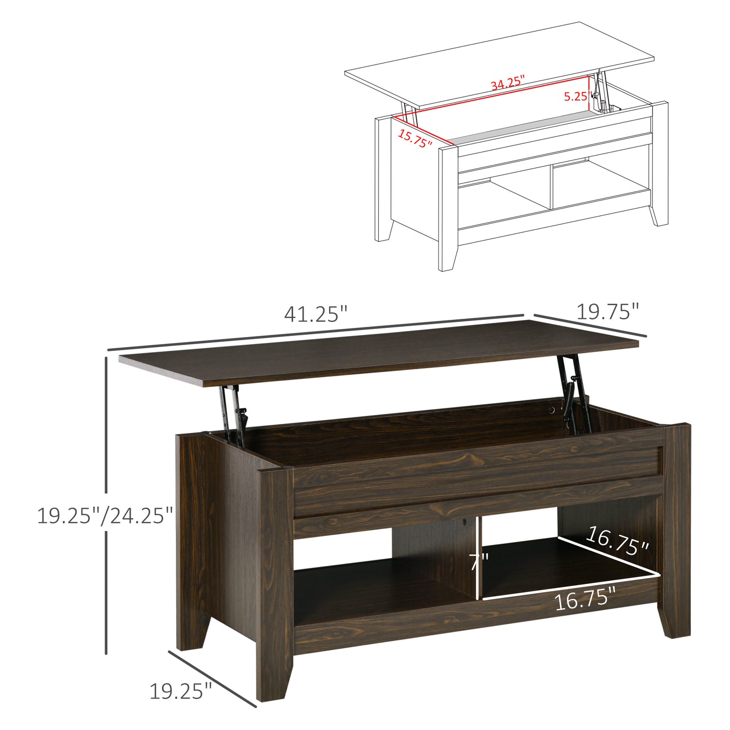 Lift Top Coffee Table with Hidden Storage Compartment and Open Shelves, Lift Tabletop Pop-Up Center Table for Living Room, Dark Walnut