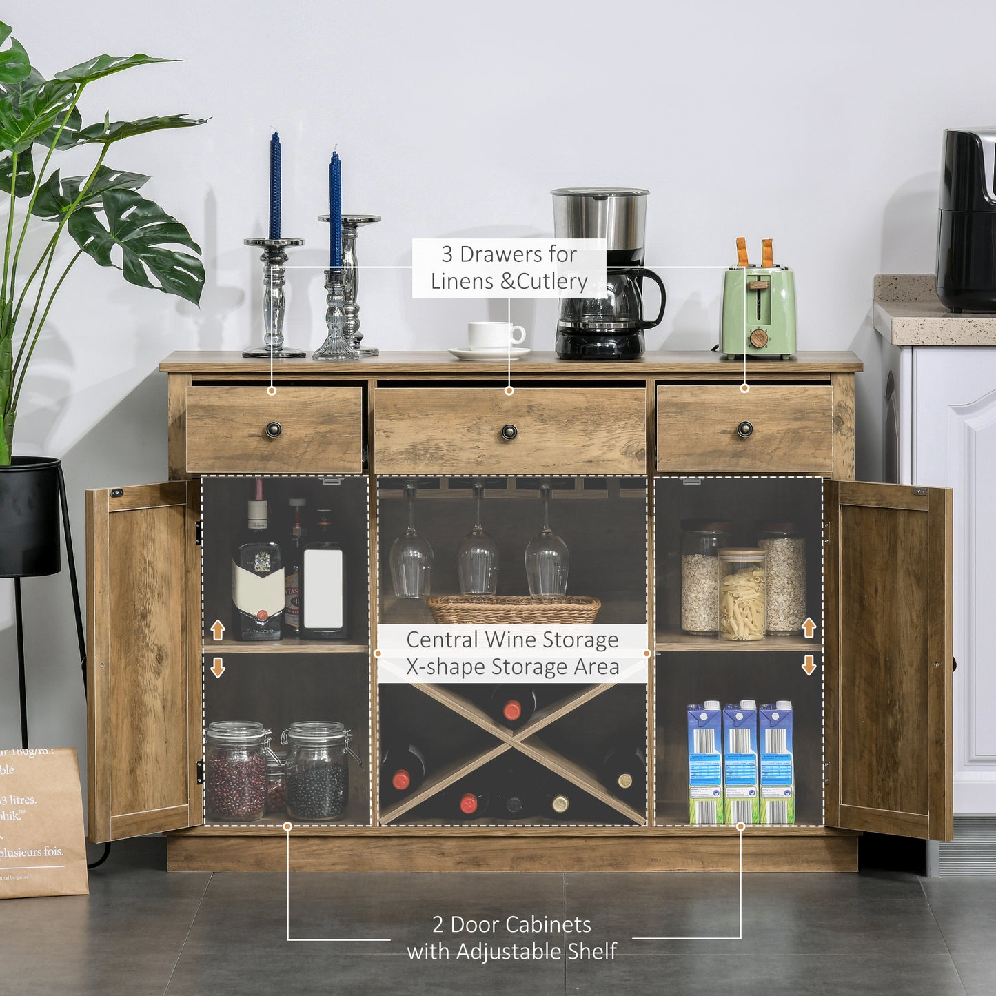 Farmhouse Sideboard Buffet Table Storage Cabinet with 3 Drawers, X-Shaped Wine Rack, Steamware Holder and Cabinets