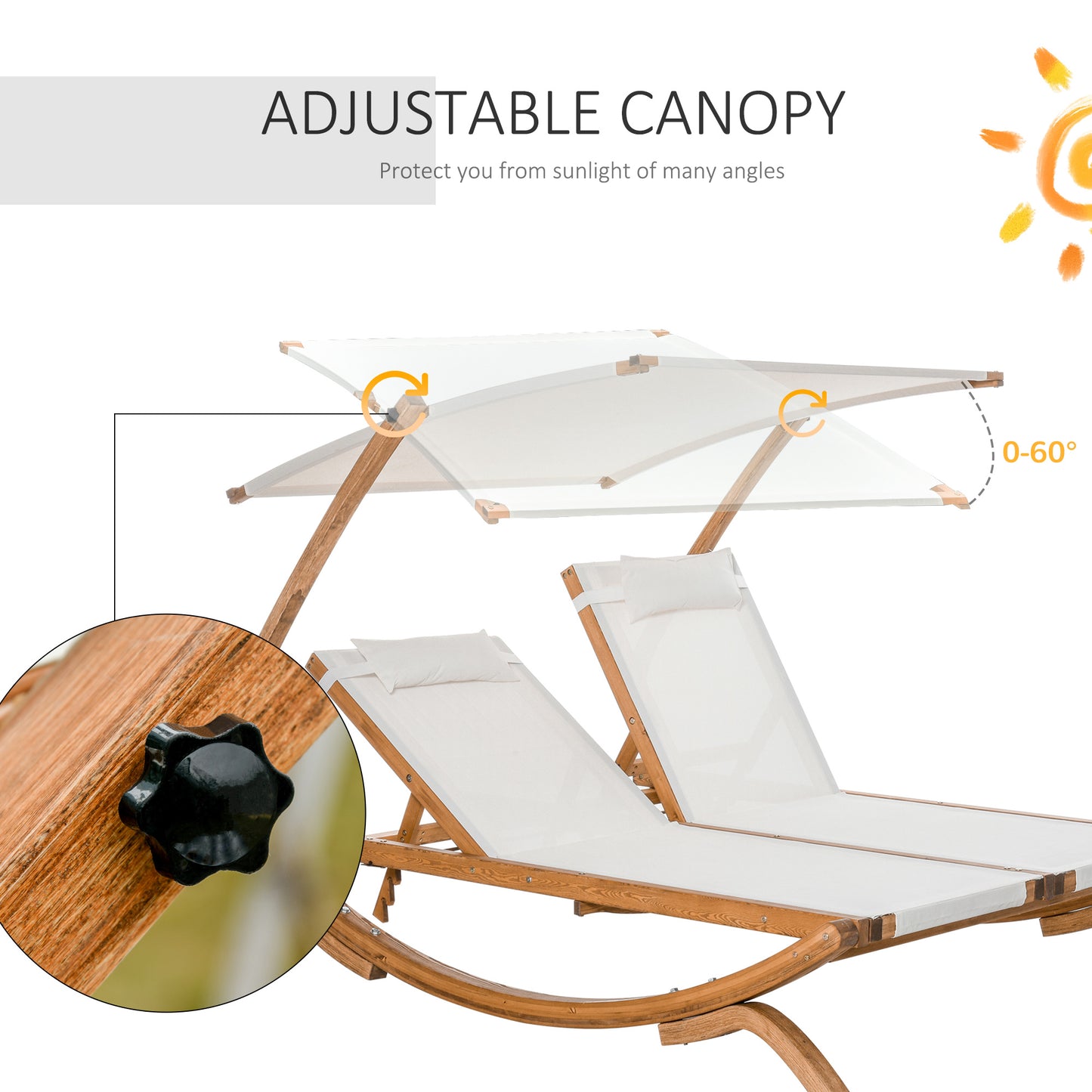 Outsunny Loveseat Lounge Chair with Adjustable Canopy Shade and 3-Level Backrest Removable Pillows for 2 People for Patio Poolside Wood Frame Beige