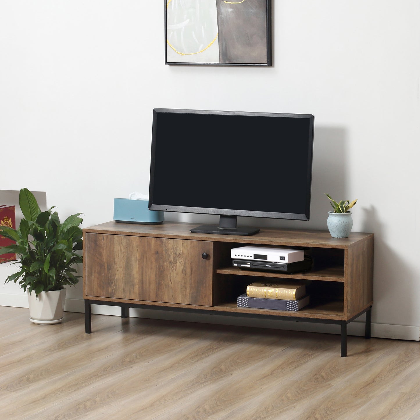 Retro TV Cabinet for TVs up to 50", TV Stand with 3 Compartments, Media Console with Sliding Door for Living Room, Coffee