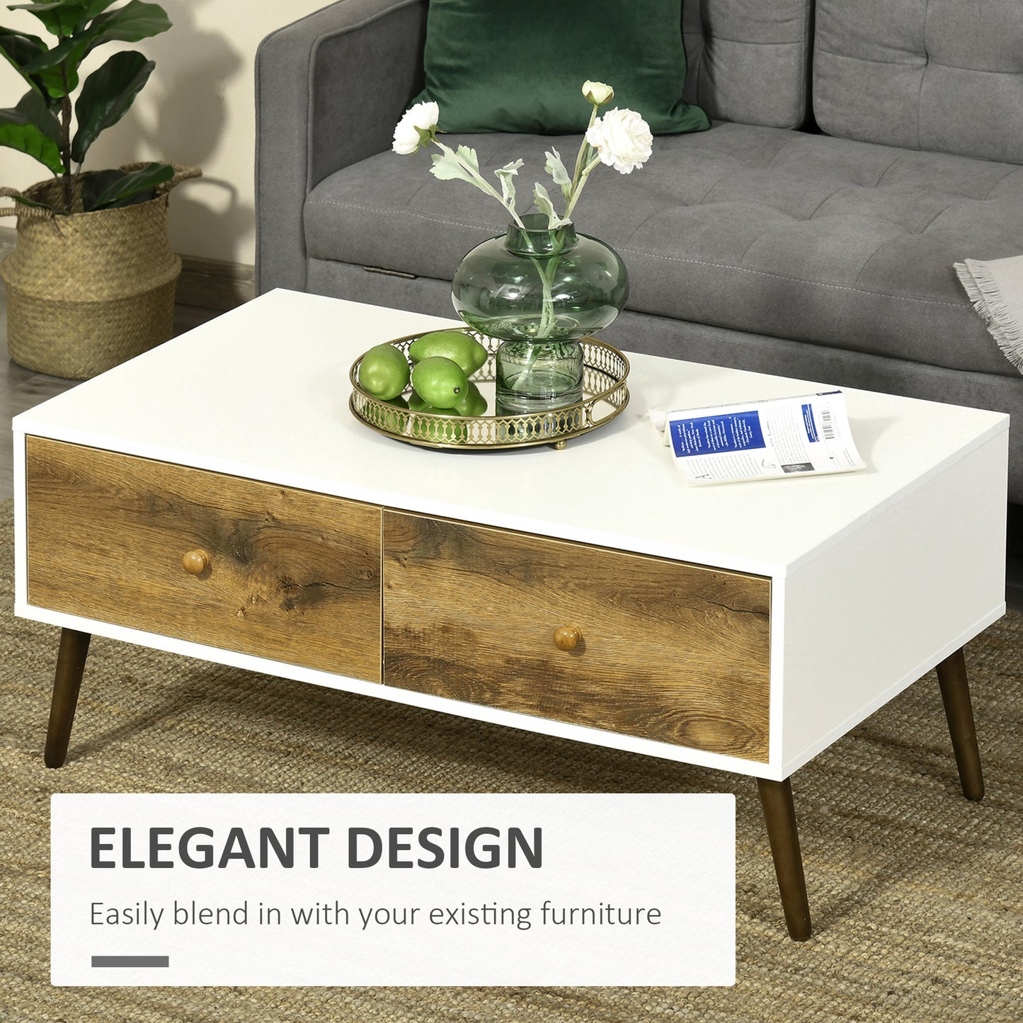 Coffee Table with 4 Drawers for Living Room, Cocktail Table, Center Table for Living Room, Natural