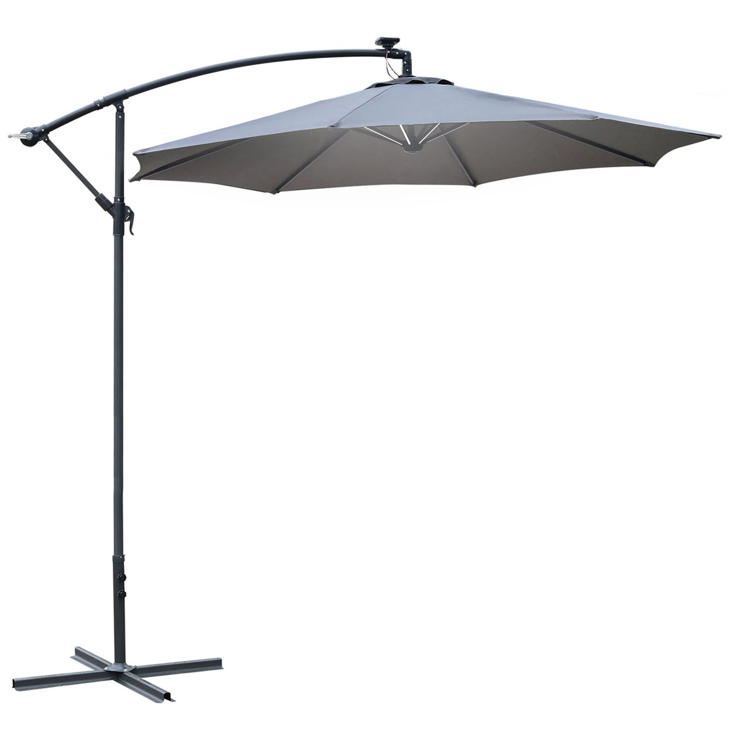 Outsunny 10ft Cantilever Solar Hanging Offset Umbrella LED Lights Market Parasol Crank w/Cross Base Grey