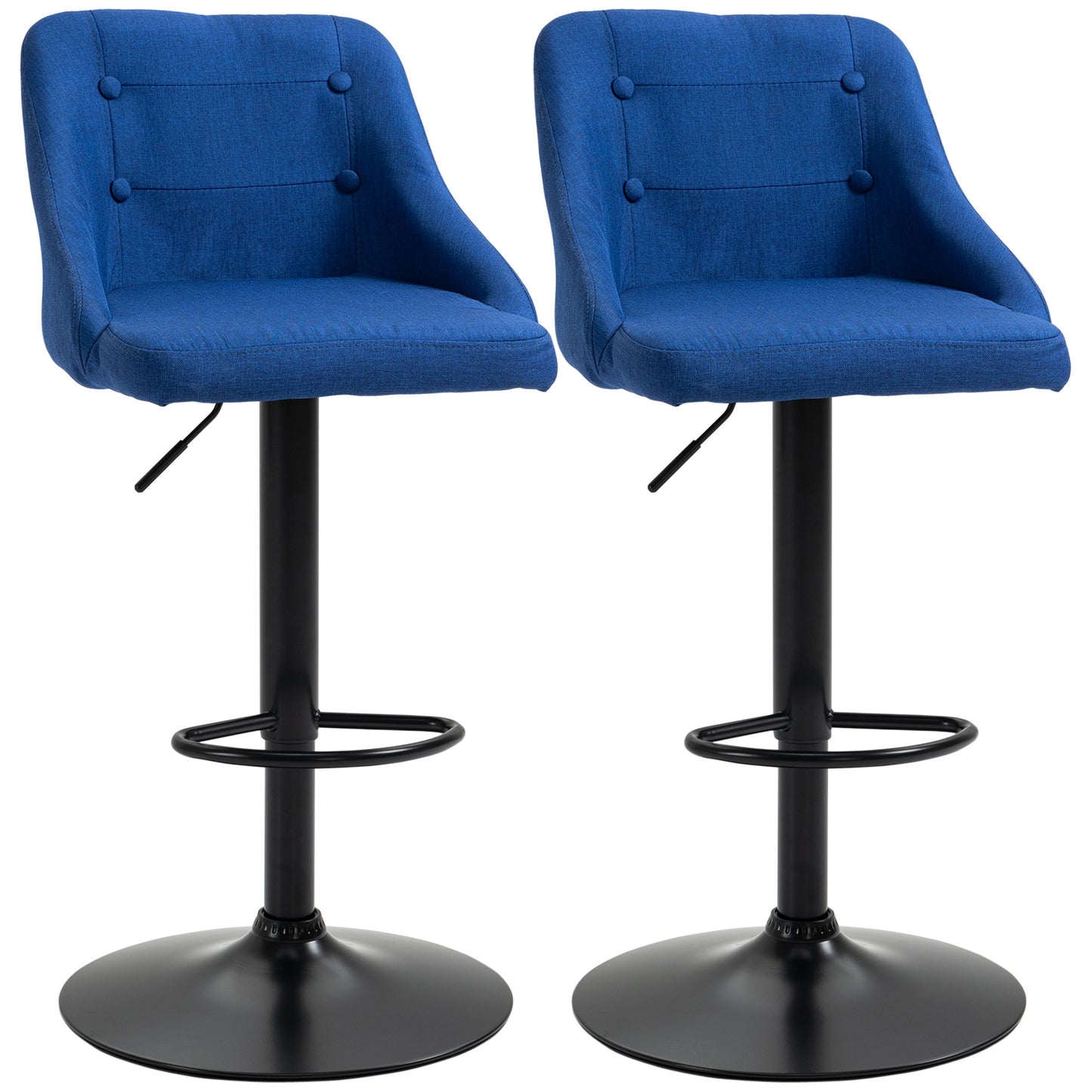 Modern Adjustable Bar Stools Set of 2, Swivel Fabric Barstools with Footrest, Armrests and Back, for Kitchen Counter and Dining Room, Dark Blue