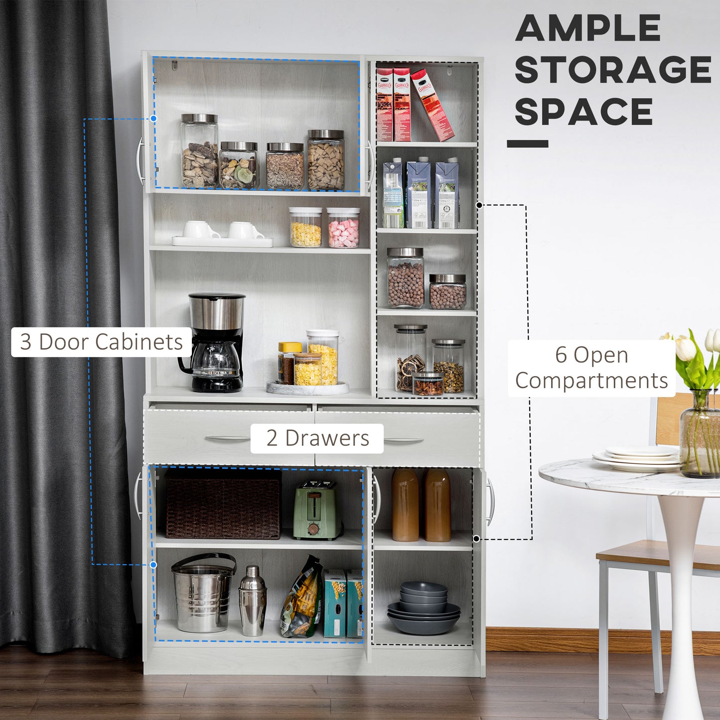 71" Kitchen Hutch with Storage Cabinet, Modern Buffet with Hutch, Cupboard with Drawers for Living Dining Room, Ash White