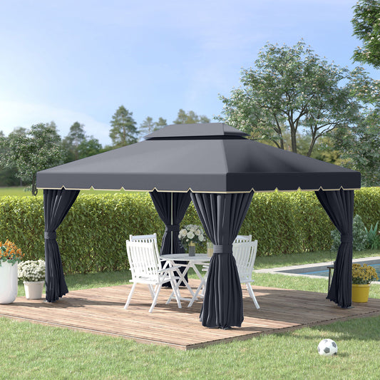 Outsunny 13' x 10' Outdoor Patio Gazebo Canopy with 2-Tier Polyester Roof, Vented Mesh Sidewall & Strong Aluminum Frame, Black