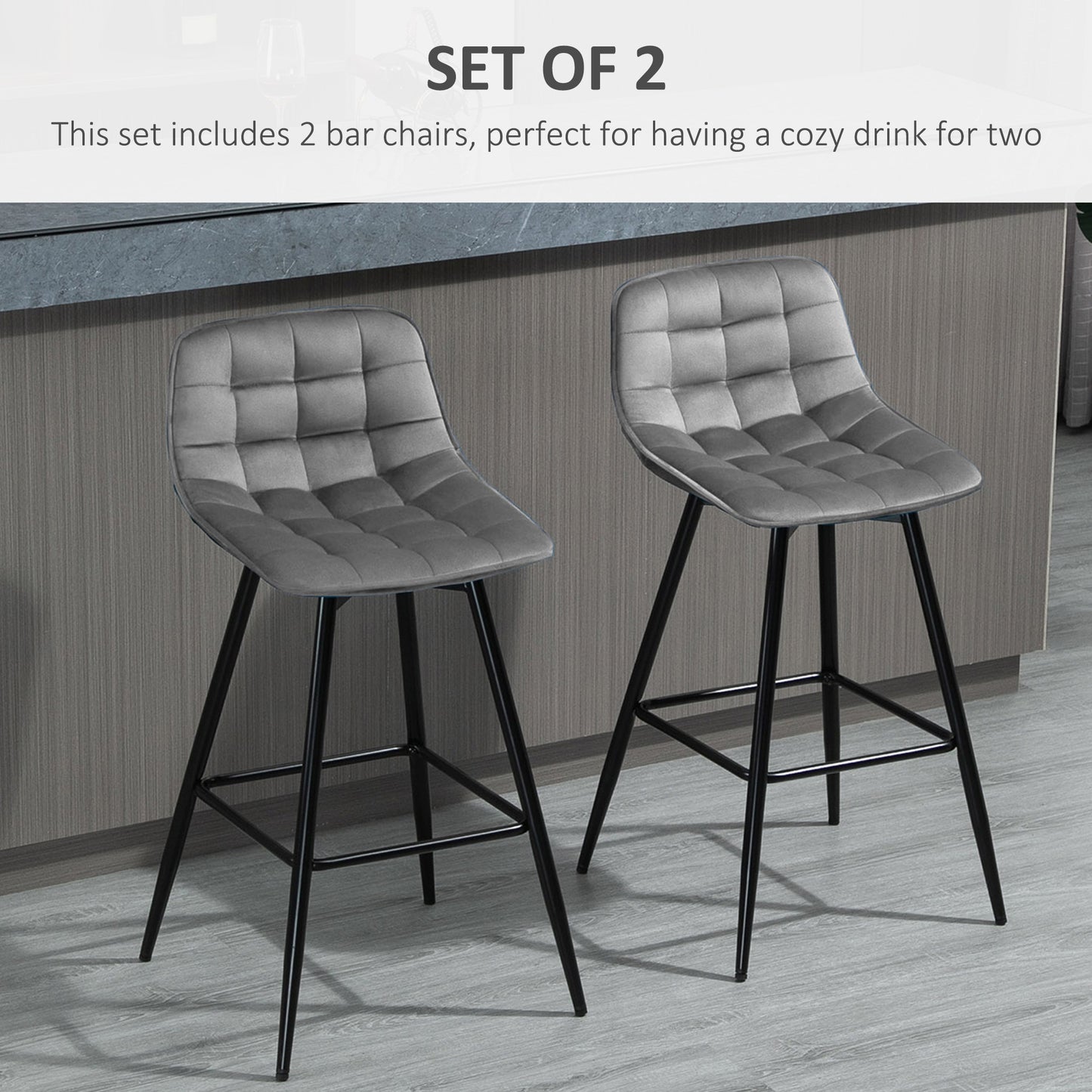 Bar Stools Set of 2 Velvet-Touch Dining Chairs Kitchen Counter Chairs Fabric Upholstered seat with Metal Legs, Backrest, Grey