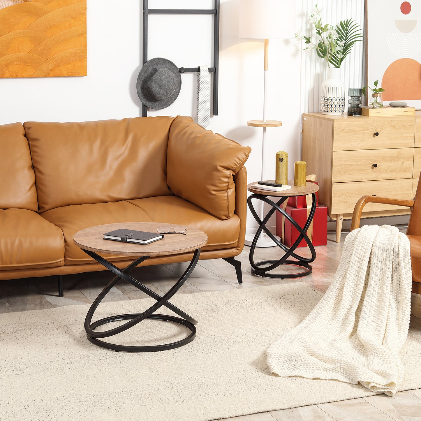 Industrial Coffee Table with Round Tabletop, Center Table with Steel Frame, 15.7"x15.7"x19.7", Light Brown