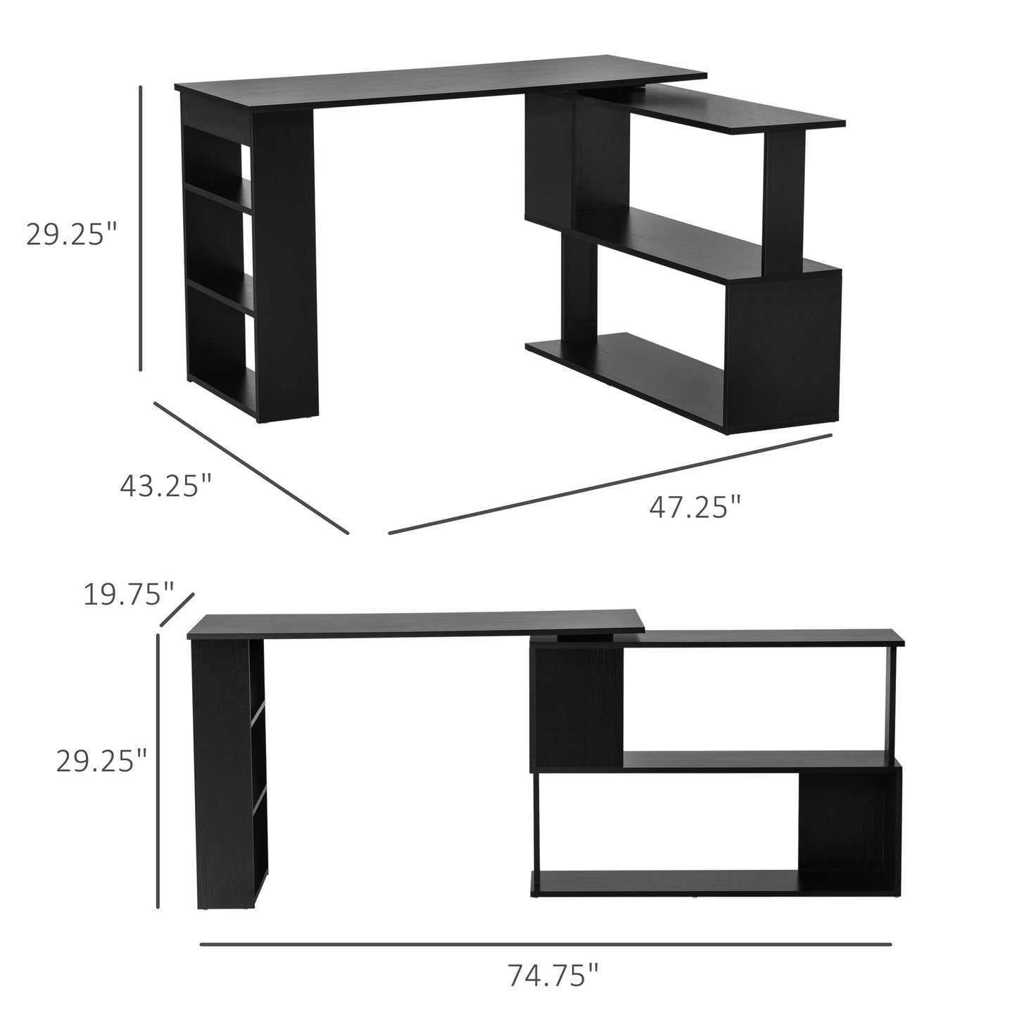 L Shaped Desk, 360° Rotating Corner Desk, Computer Writing Table Workstation with Storage Shelf for Home Office, Black