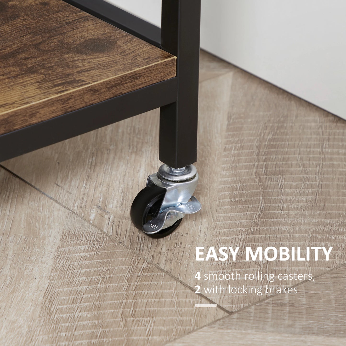 ndustrial Kitchen Island on Wheels, Rolling Serving Cart with Drawers, Storage Shelves, Towel Rack for Dining Room, Rustic Brown