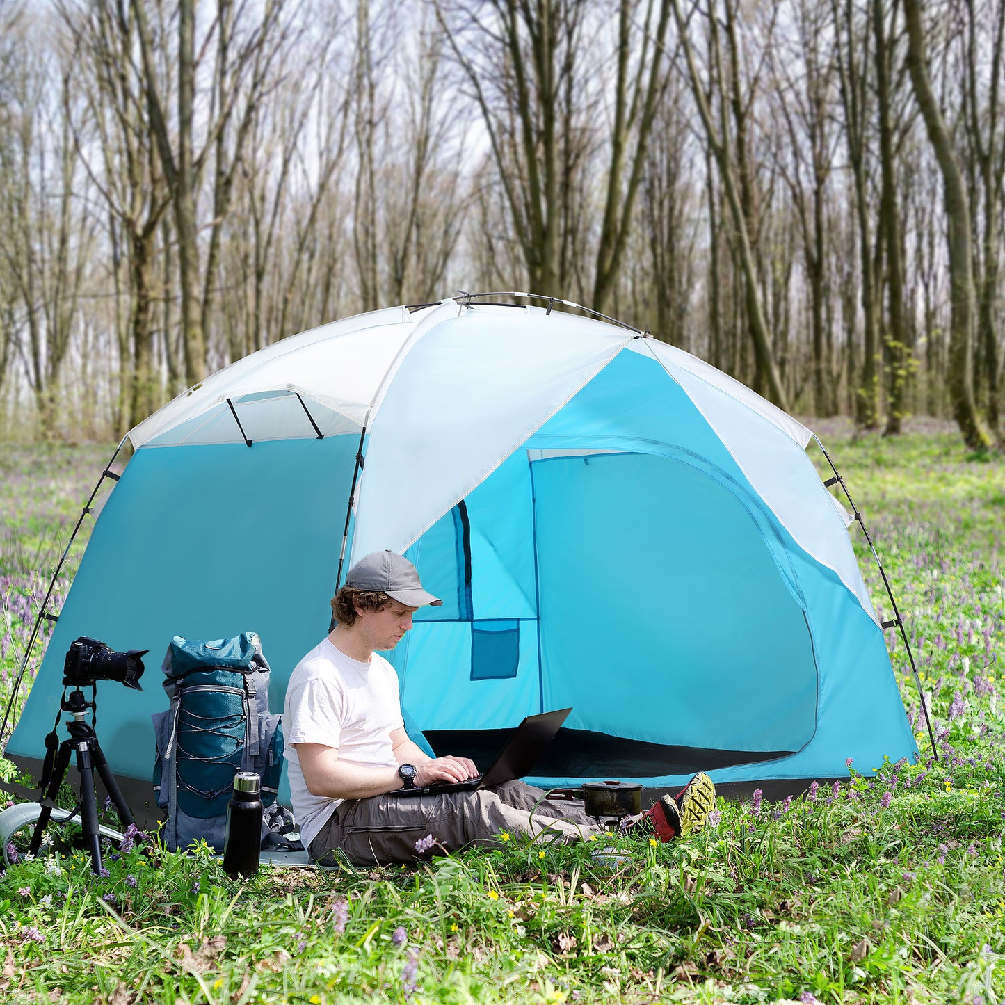 Outsunny 4 Person Camping Tent with Door Windows Backpacking Tent for Family Hiking Travel Hunting Picnic Blue and Grey