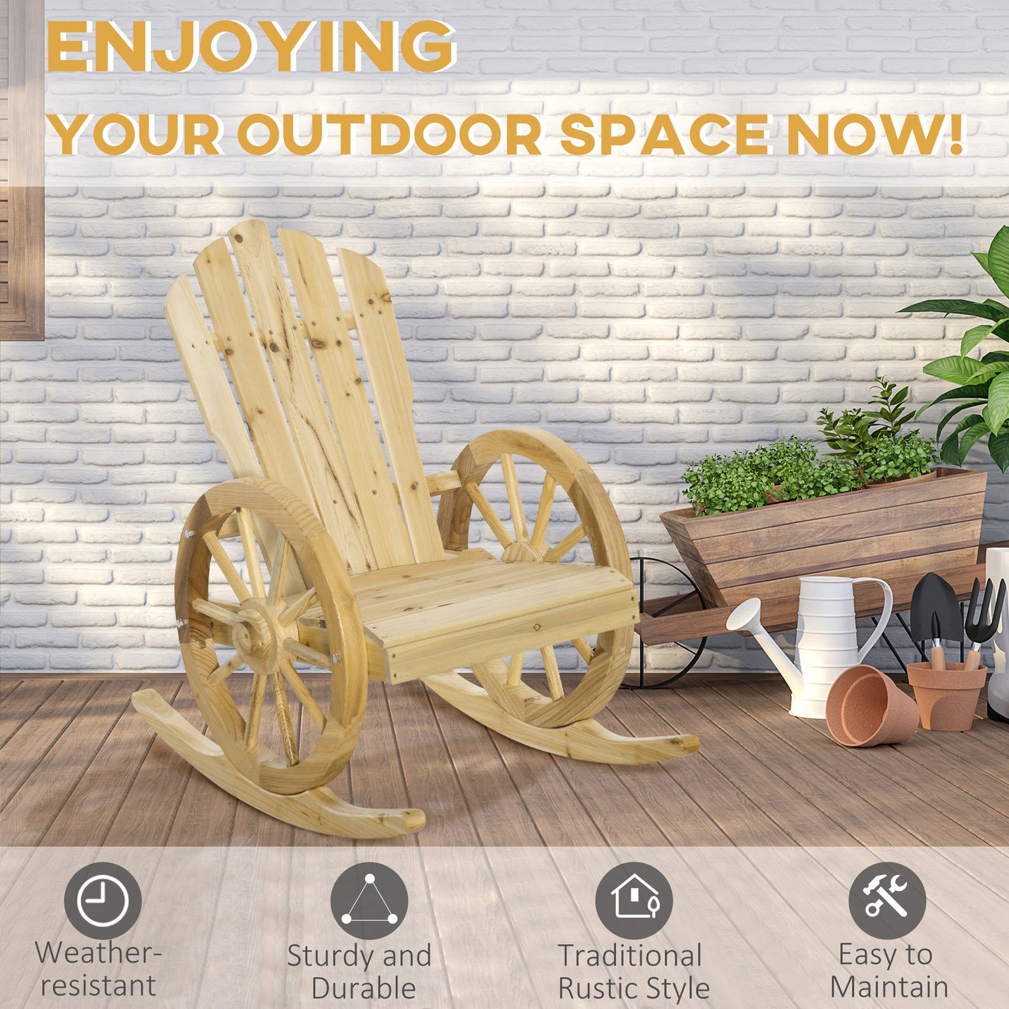 Patio Wooden Adirondack Rocking Chair, Wagon Outdoor Rocker Cahir with Slatted Design and Wheel Armrests for Porch, Poolside, or Garden Lounging, Natural