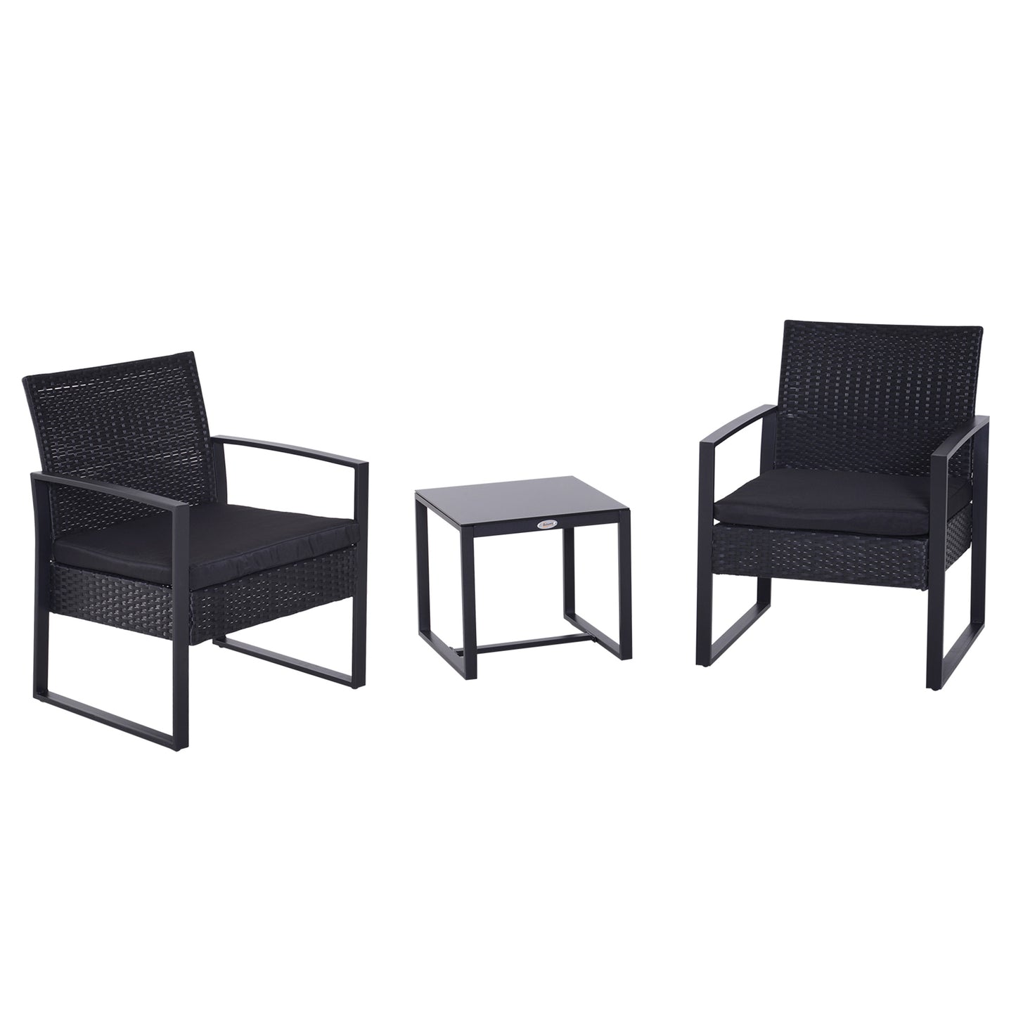 Outsunny 3 Pieces Wicker Bistro Set Rattan Outdoor Furniture Patio Conversation Set Coffee Table Garden Chair with Cushions & Steel Frame, Black