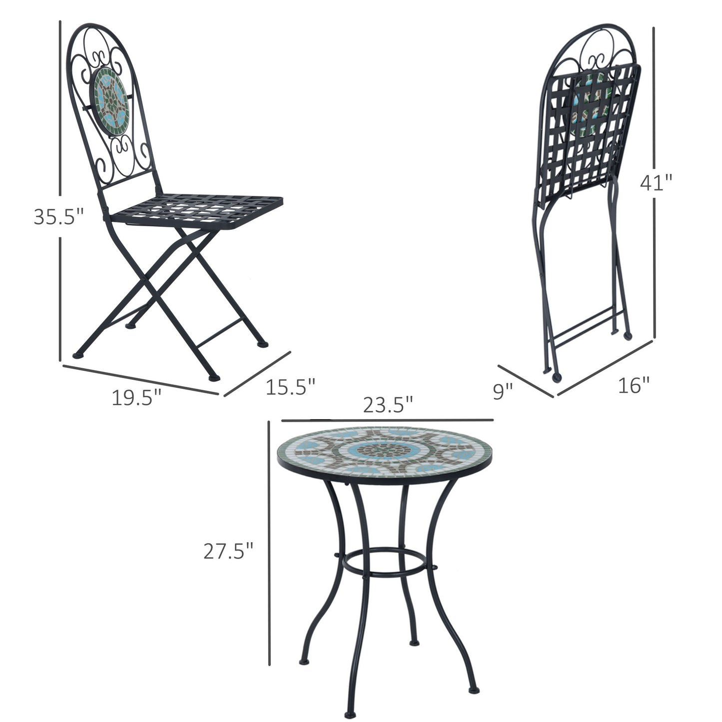 Outsunny 3 Piece Patio Bistro Set with Mosaic Design, Outdoor Dining Furniture Set for 2 with Folding Chairs, Green