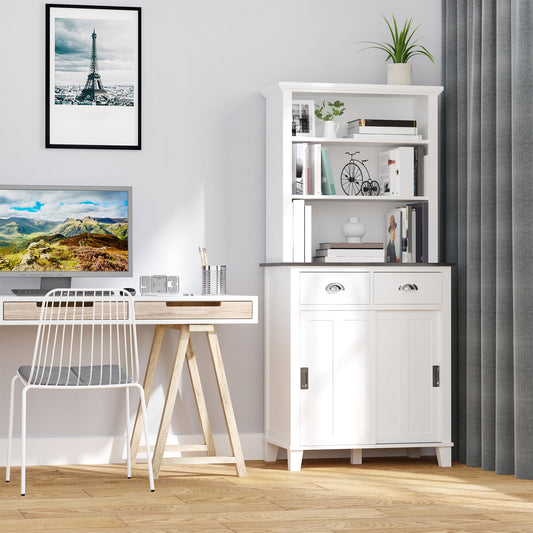 Freestanding Kitchen Pantry Cabinet Cupboard with Sliding Doors and Open Shelves Adjustable Shelving White