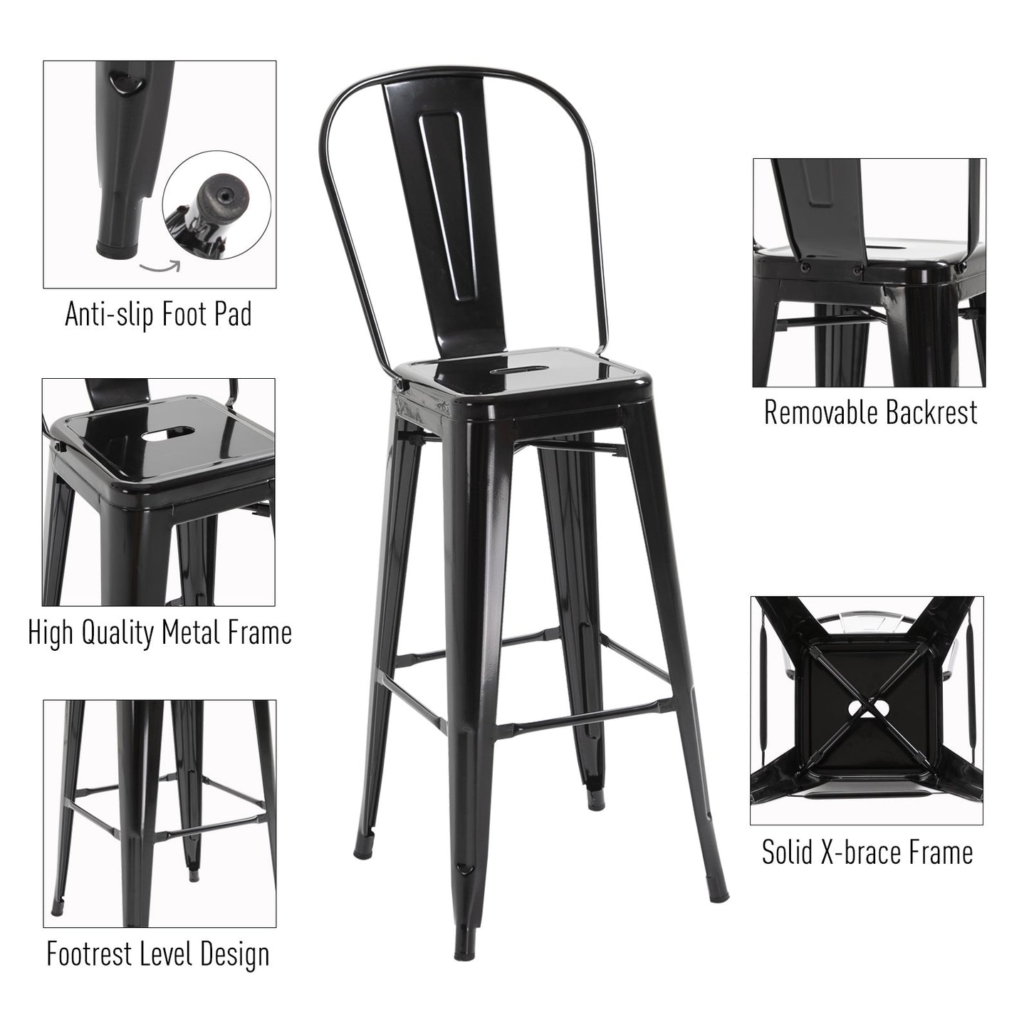 Set of 4 Bar Stools Kitchen Industrial Breakfast Bistro Cafe Metal Frame Black