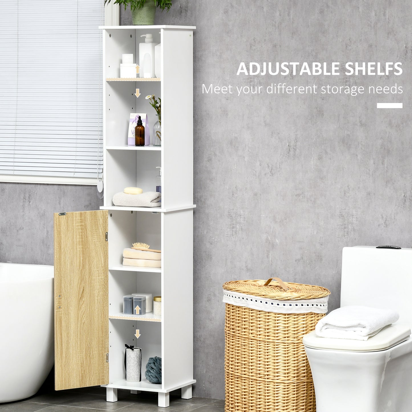 Tall Bathroom Storage Cabinet, Free Standing Bathroom Cabinet Slim Side Organizer w/ 2-Tier Open Shelf, Cupboard, Door, White