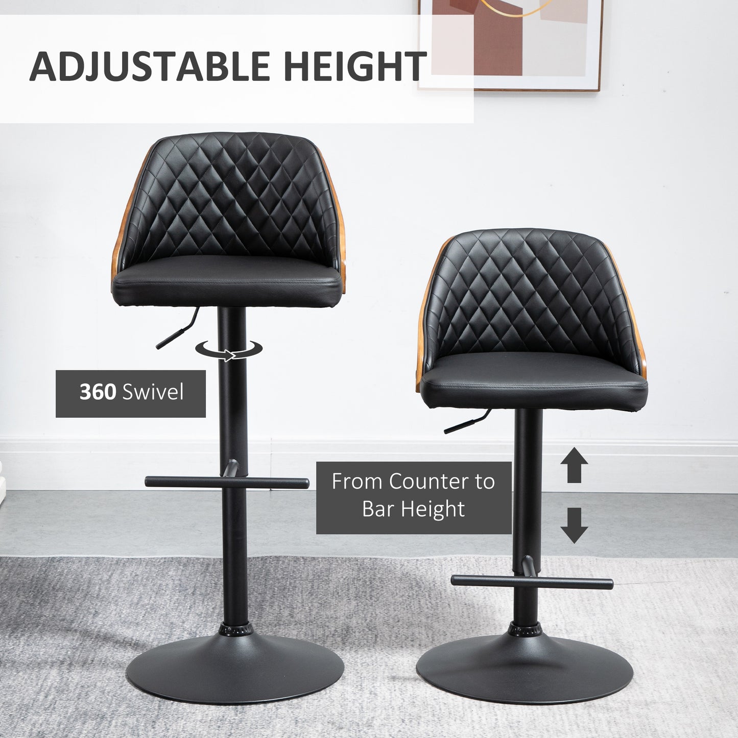 Modern Bar Stools PU Leather Set of 2 Swivel Bar Height Barstools Chairs with Adjustable Height, Round Heavy Metal Base and Footrest, Black