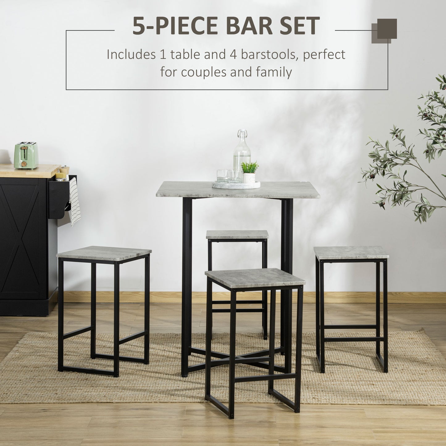 Square Bar Table with Stools, Concrete Effect 5 Pieces Small Kitchen Table and Chairs Set for 4 People, Pub Table Set, Grey