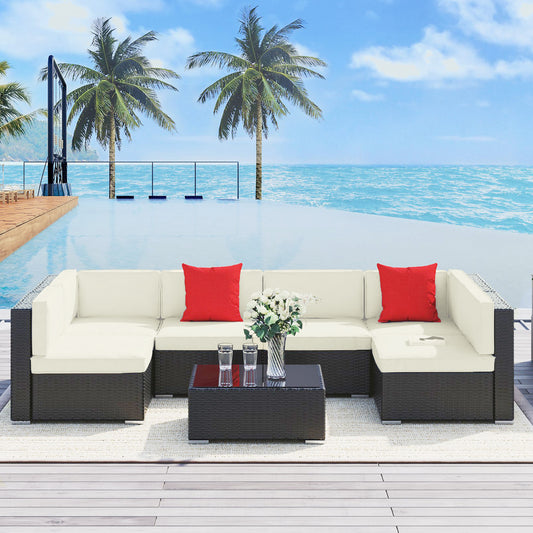 Outsunny 7-Piece Outdoor PE Wicker Patio Sofa Sets, Modern Rattan Conversation Furniture Set with Cushions & Table, Cream White