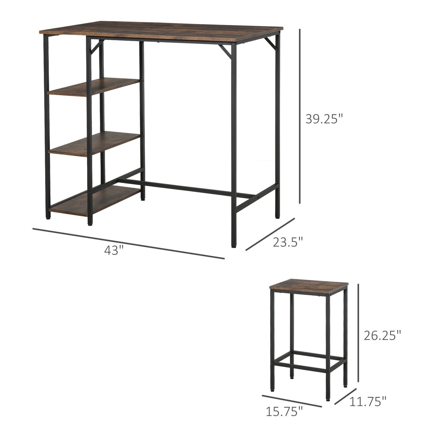 3 Pieces Industrial Bar Height Dining Table Set with Storage Shelf & 2 Stools