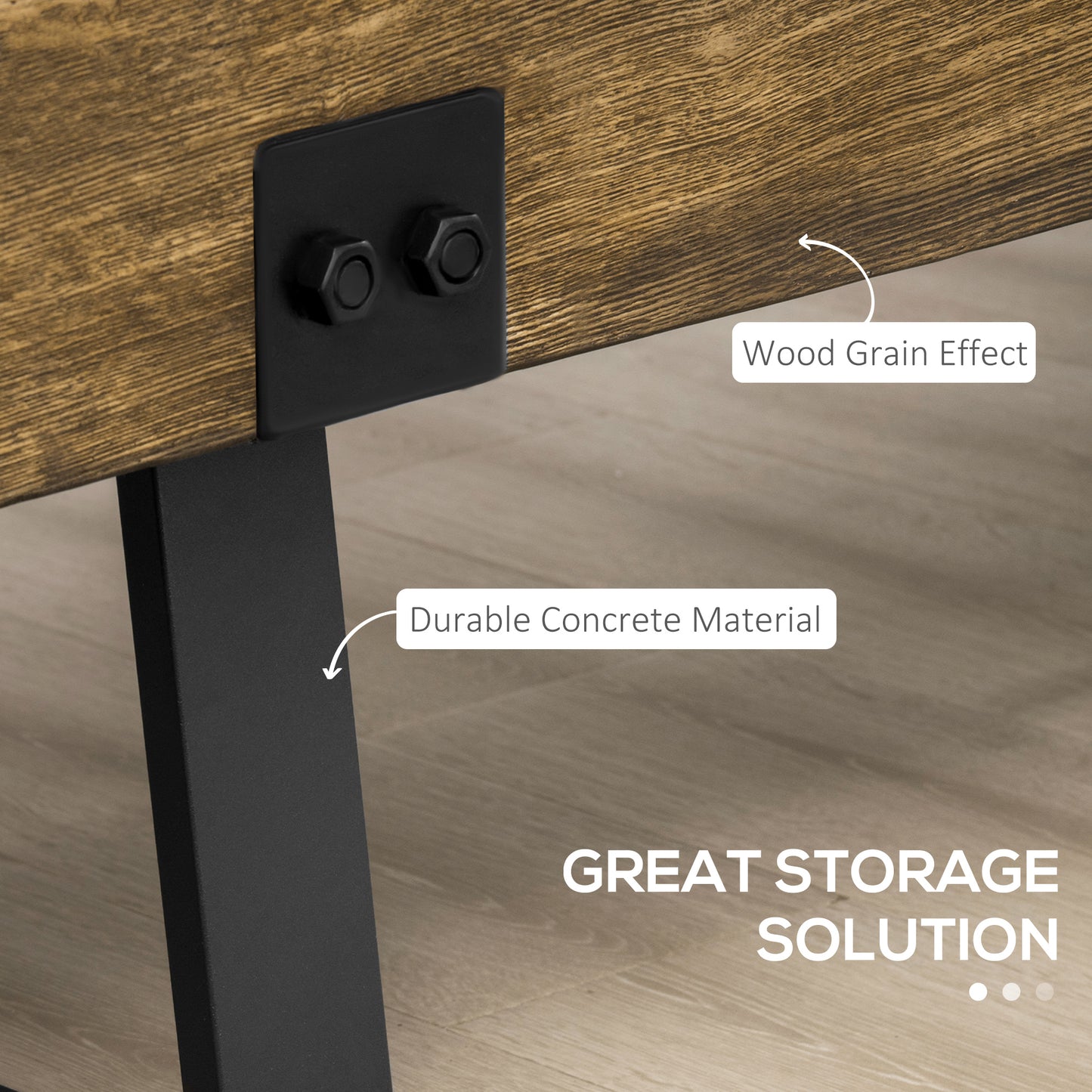 Garden Bench with Metal Legs, Rustic Wood Effect Concrete, Indoor or Outdoor Use for Patio, Park, Porch and Lawn, Natural and Black