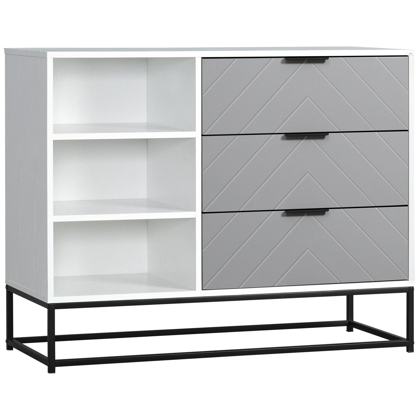 Modern Storage Cabinet, 3 Drawer Dresser with Chevron Pattern for Bedroom, Living Room, in Grey and White