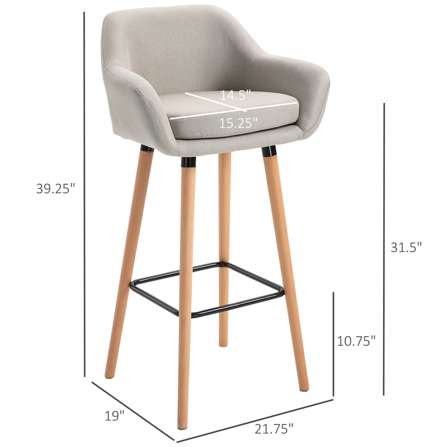 Modern Bar Stools Set of 2, 31.5" Barstools with Linen Fabric and Solid Wood Legs, Backrest and Footrest, Dining Room Kitchen Counter, Beige