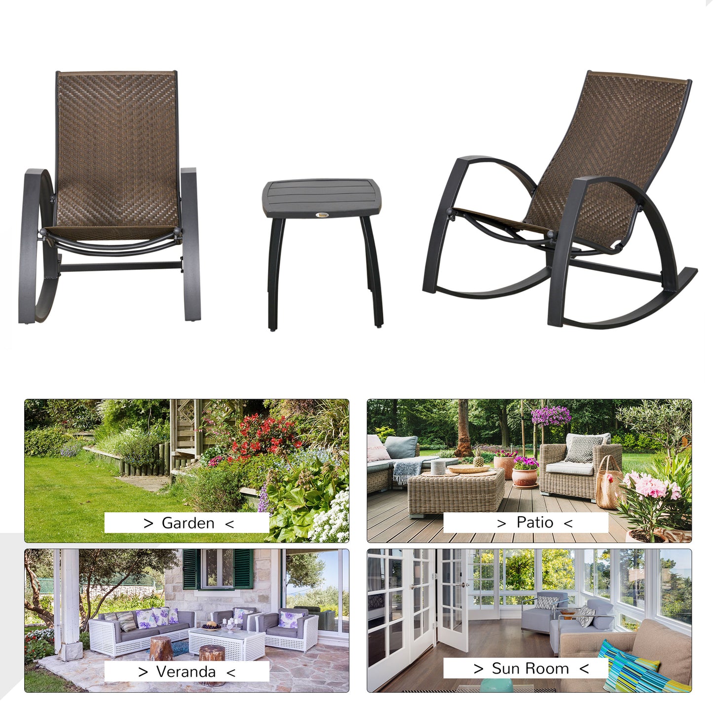 3 Pieces Patio Wicker Rocking Chair Set, Outdoor PE Rattan Bistro Rocker Set w/ Aluminum Frame, and Glass Top Coffee Table for Garden, Porch, Poolside, Brown