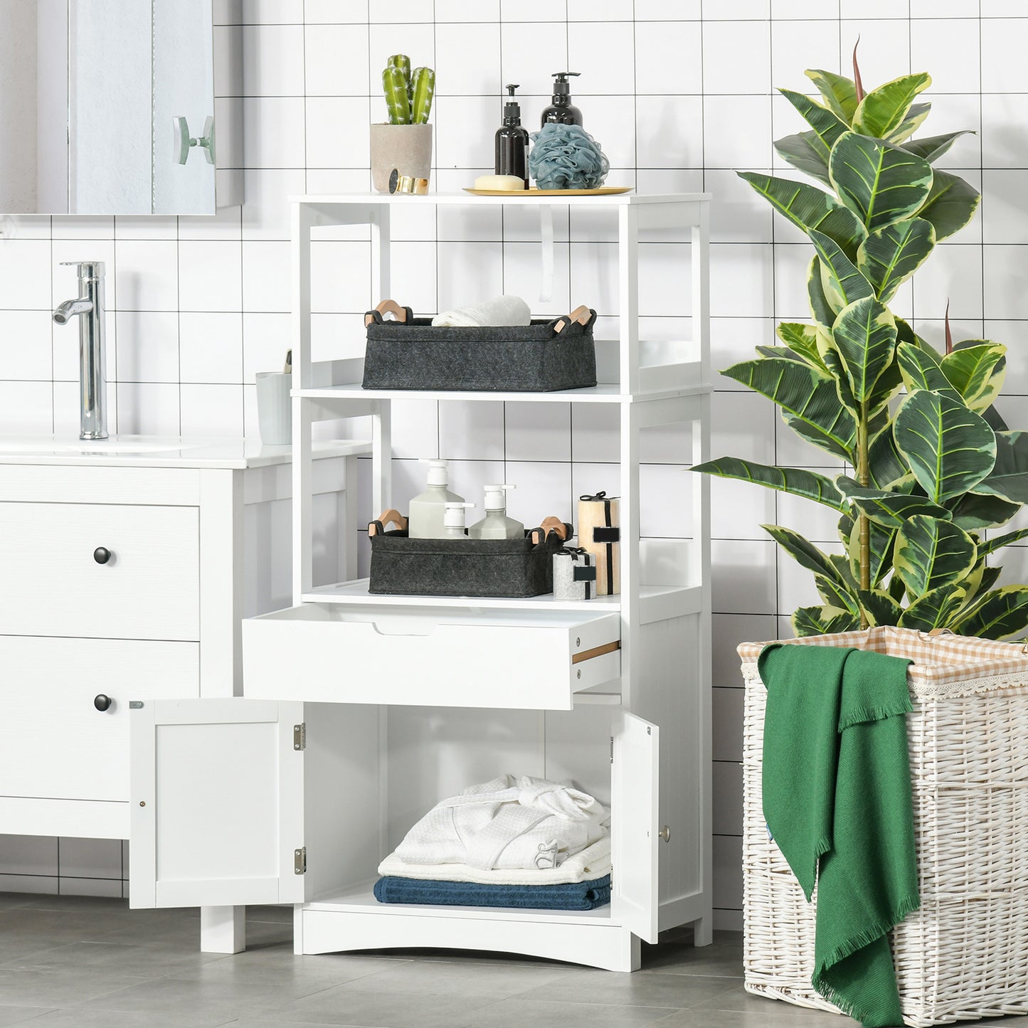 Bathroom Floor Cabinet, Free Standing Cupboard with Shelves, Drawer and Doors, Storage Organizer in White