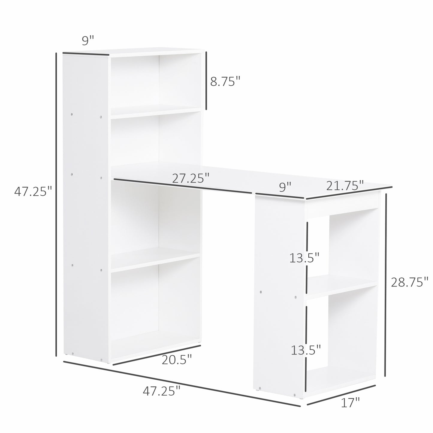 odern Compact Computer Desk with 6-Tier Storage Shelves Combo, Writing Table Workstation with Bookshelf for Home Office, White