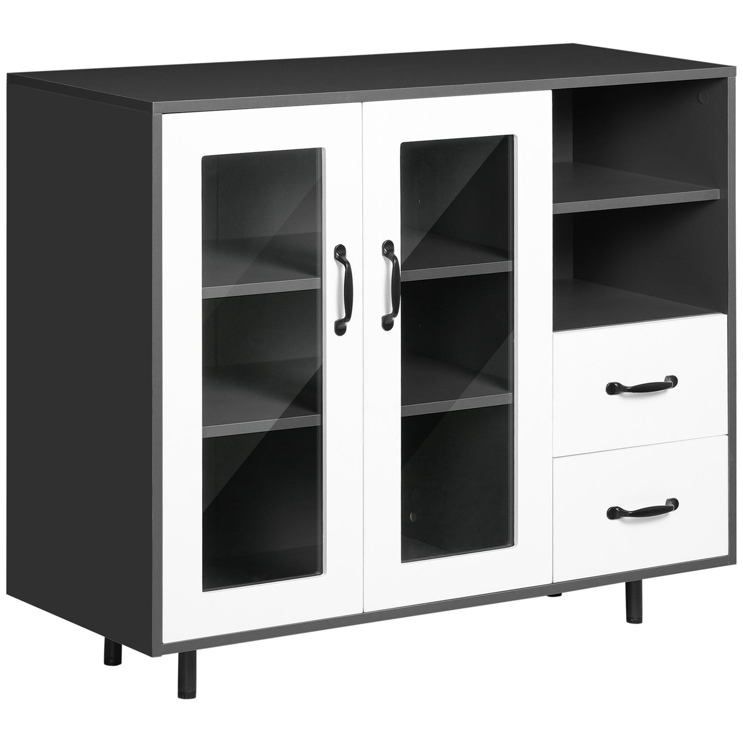 Kitchen Buffet Cabinet, Storage Sideboard with Glass Doors Cupboard, 2 Drawers and 2 Open Shelves for Living Room, Hallway, Charcoal Grey