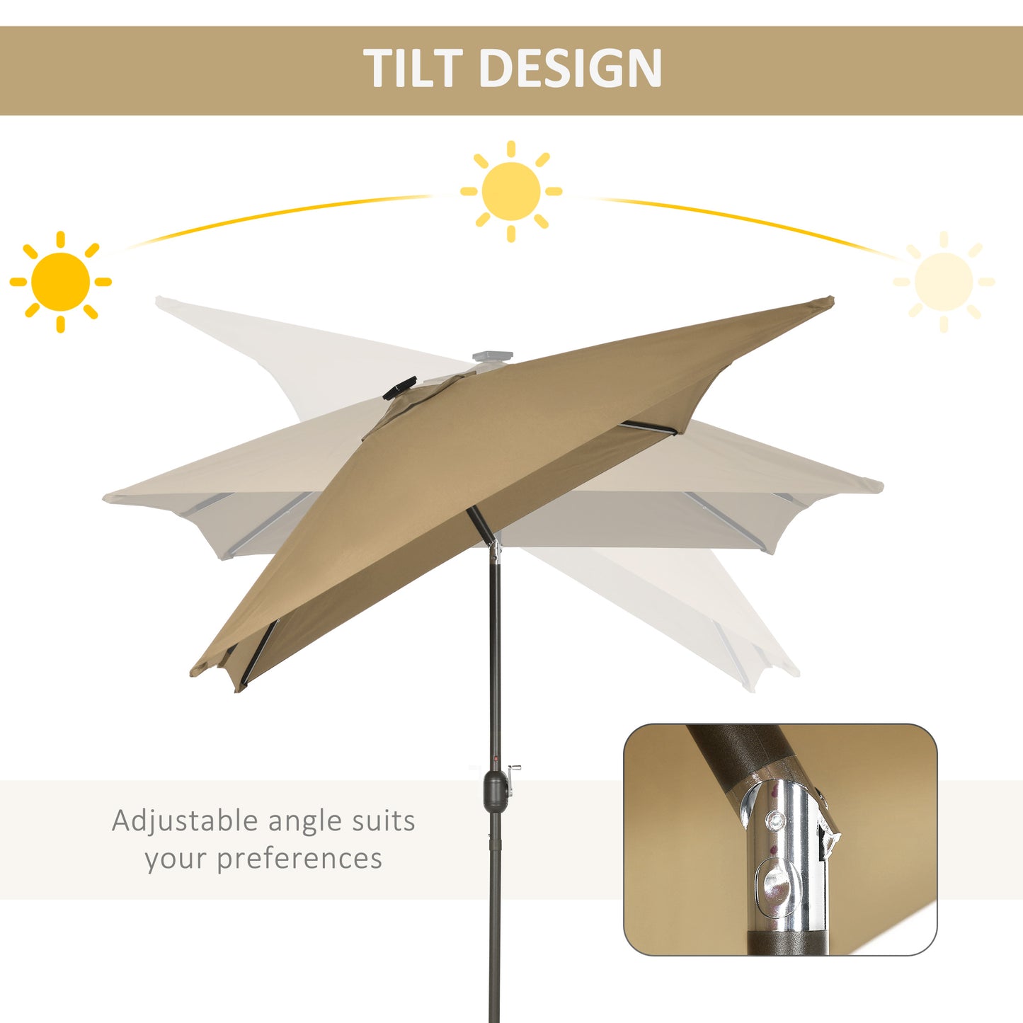 Outsunny 6.5x10ft Patio Umbrella Rectangle Solar Powered Tilt Aluminum Outdoor Market Parasol with LEDs Crank (Light Coffee)