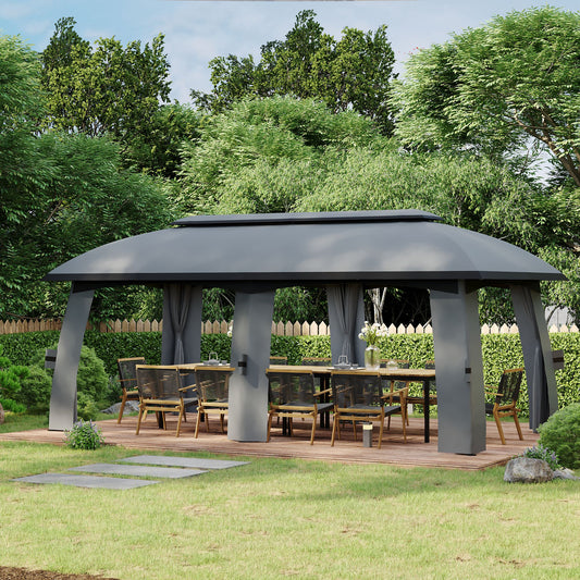 Outsunny 10' x 20' Patio Gazebo, Outdoor Gazebo Canopy Shelter with Netting & Curtains, Vented Roof for Garden Dark Gray