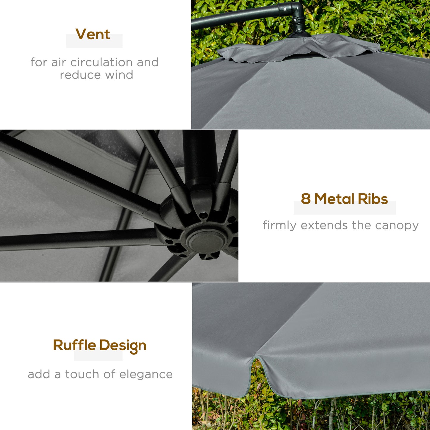 Outsunny 11FT Offset Hanging Patio Umbrella Cantilever Umbrella with Easy Tilt Adjustment, Cross Base and 8 Ribs for Backyard, Poolside, Lawn and Garden, Dark Grey