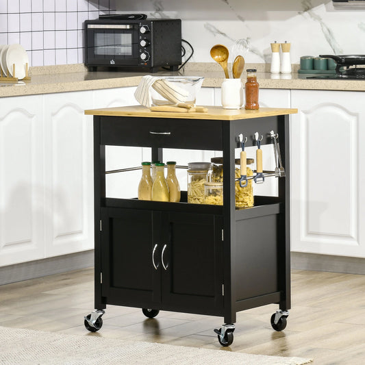 Kitchen Cart, Utility Trolley, Small Kitchen Island with Storage Drawer & Side Hooks for Dining Room, Black