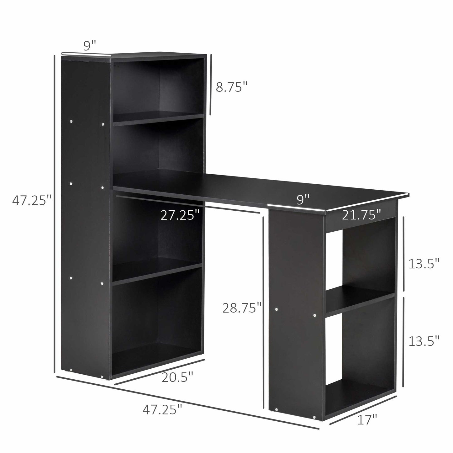 Modern Compact Computer Desk with 6-Tier Storage Shelves Combo, Writing Table Workstation with Bookshelf for Home Office, Black